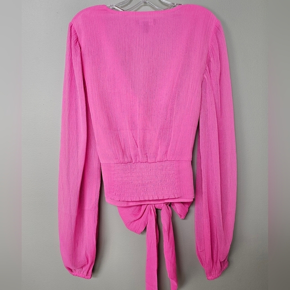 NWOT Express V-Neck Long Sleeve Faux Wrap Pleated Back Tie Waist Top, Pink, XS - Picture 7 of 9